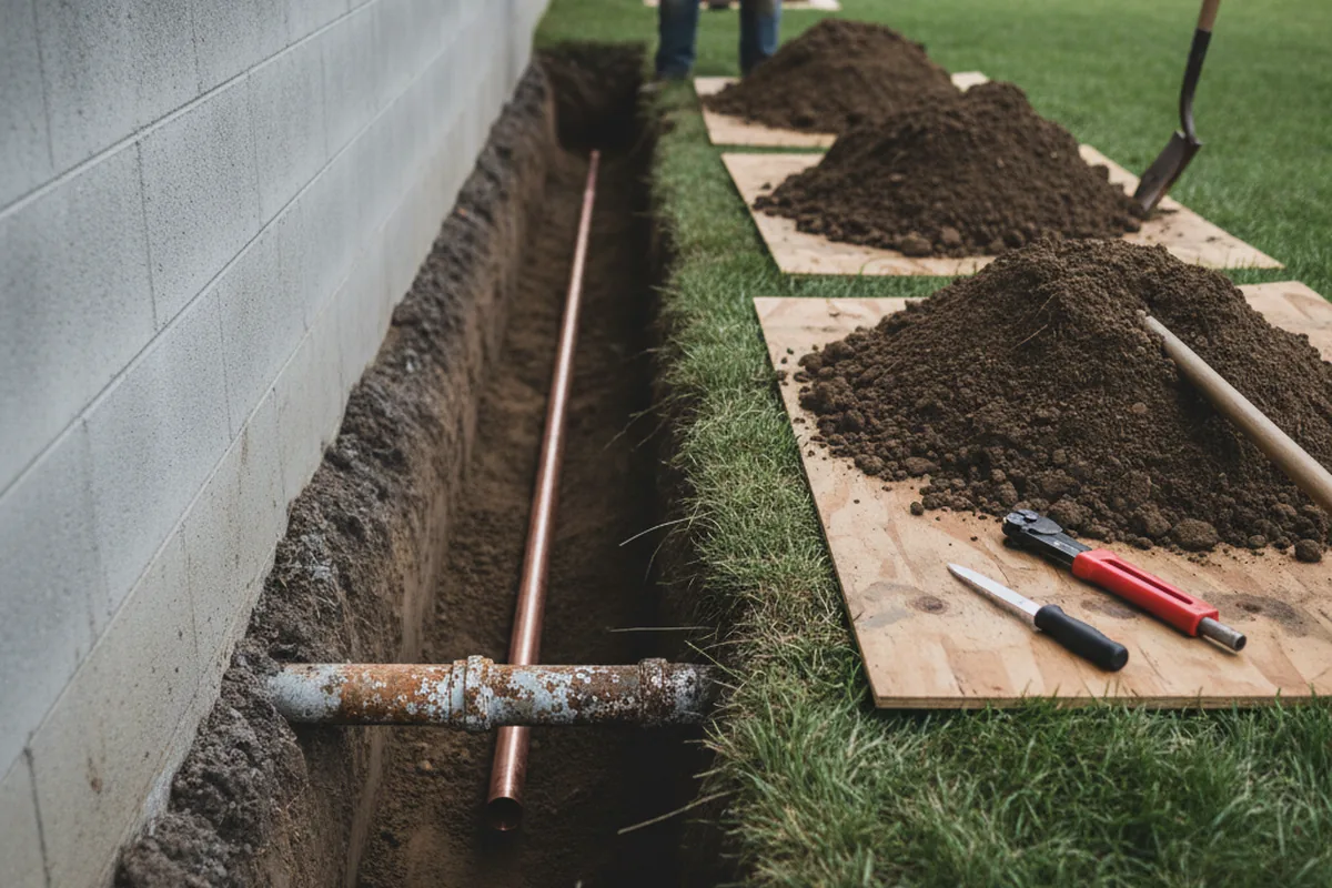 Excavated water line trench during Water Heater Repair in Harrah